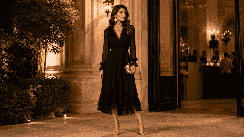 Woman in a black wedding guest outfit with a black chiffon midi dress, gold jewelry, and strappy heels