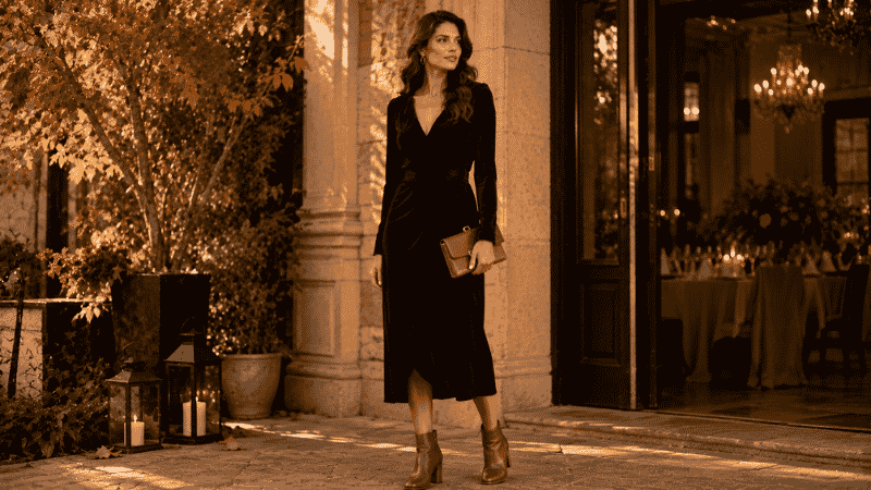 Woman in a fall wedding guest outfit wearing a deep burgundy velvet midi dress and cognac ankle boots