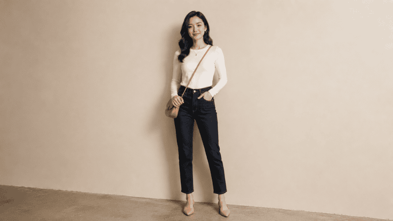 Petite woman in high-rise dark wash straight-leg jeans with tucked white top and nude pointed-toe flats showing elongated leg line