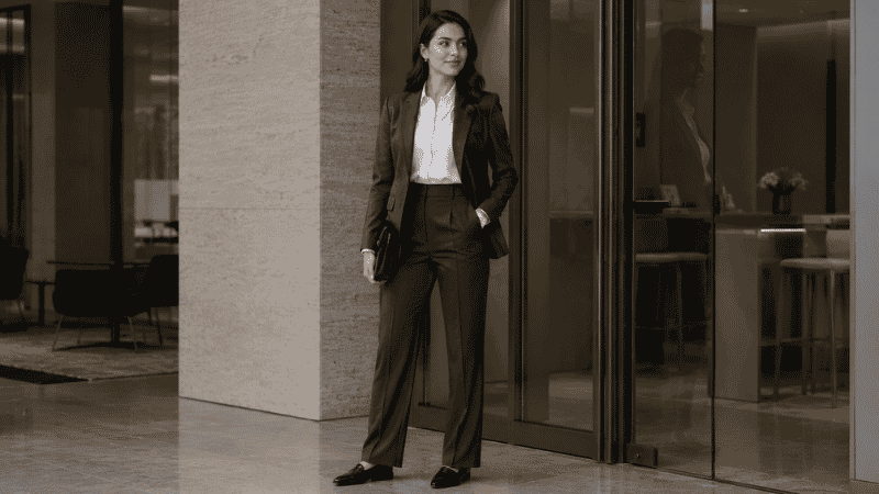 Woman in a corporate job interview outfit wearing a charcoal blazer, tailored trousers, white blouse, and leather loafers