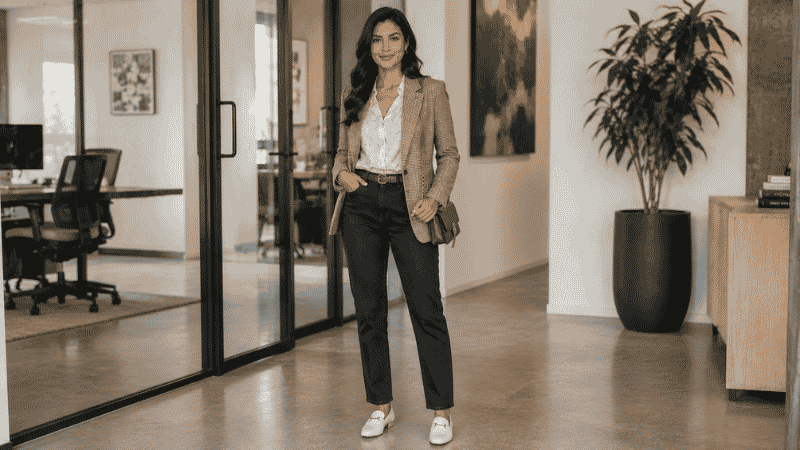 Woman in a creative industry interview outfit with dark jeans, a distinctive printed blouse, and a check blazer
