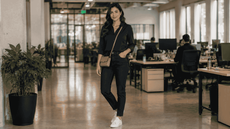 Woman in a tech company interview outfit wearing dark jeans, a fitted blouse, clean sneakers, and a minimal bag