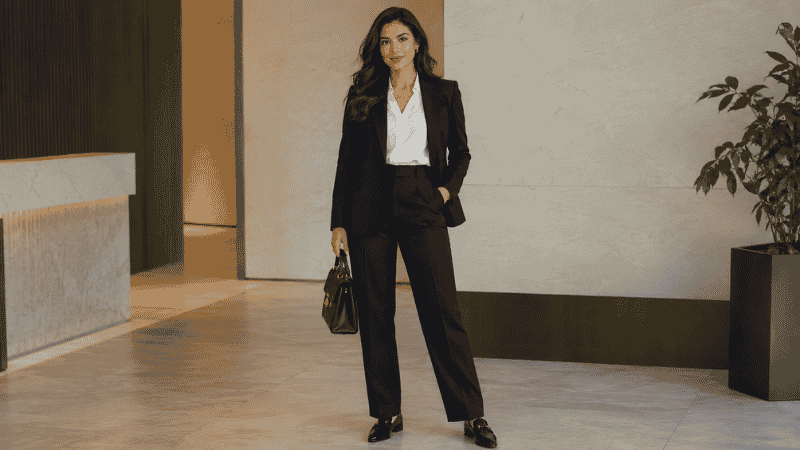 Confident professional woman in a navy blazer and tailored trousers carrying a leather bag ready for a job interview