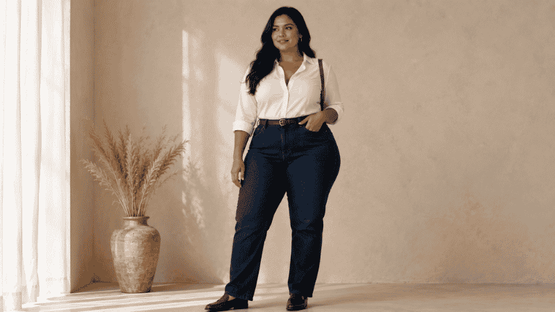 Woman with small waist and big hips wearing curvy-fit high-rise jeans with flat waistband and no gap