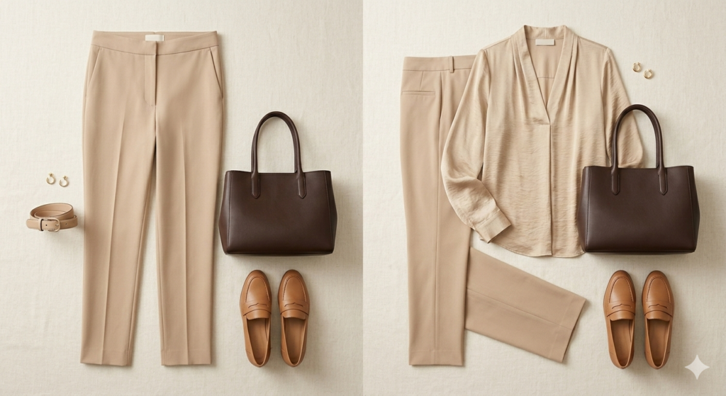 Monochromatic beige business casual style for women.