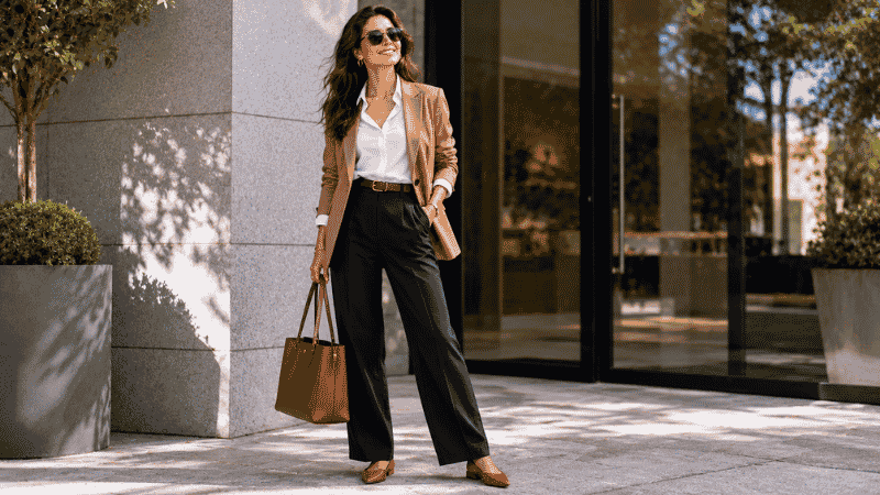 Woman in a straight-leg navy linen pants work outfit with a white blouse, blazer, and pointed-toe flats