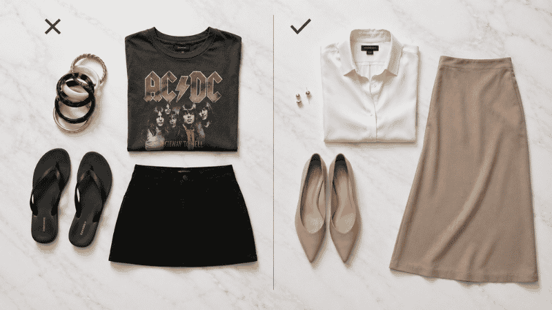 Flat lay showing interview outfit mistakes to avoid including loud jewelry, flip flops, and revealing clothing items