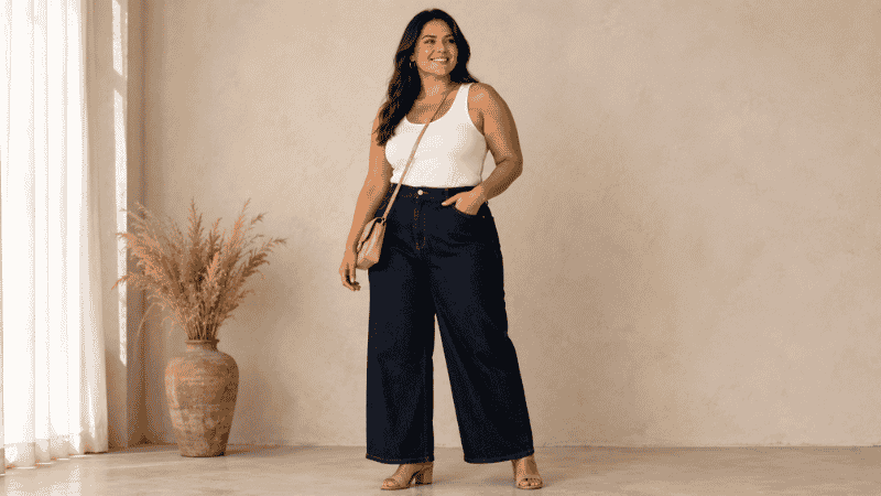 Curvy woman in wide-leg dark wash jeans with a white fitted tank tucked in and block heel sandals