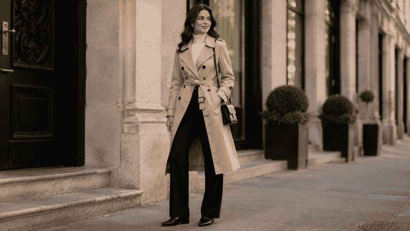 Woman in a beige trench coat with black tailored trousers and pointed-toe loafers showing high-contrast styling