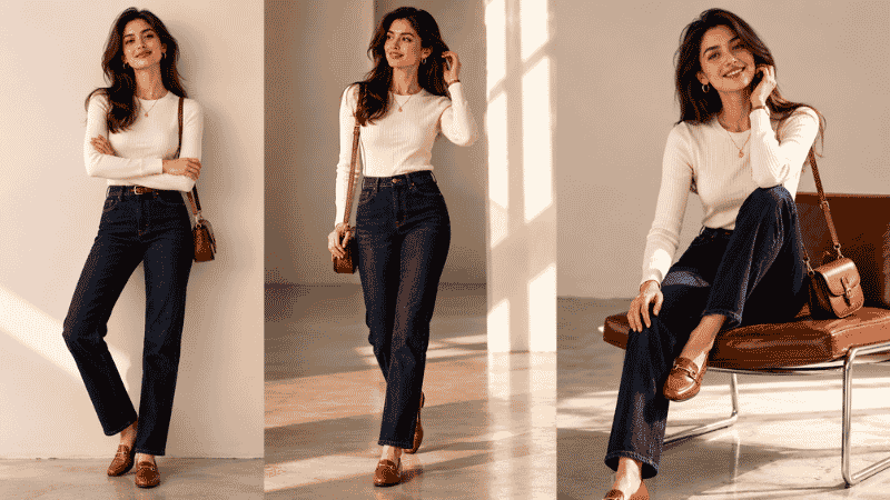 Tall woman in perfectly fitting full-length dark wash straight-leg jeans with a fitted top and loafers showing ideal proportions