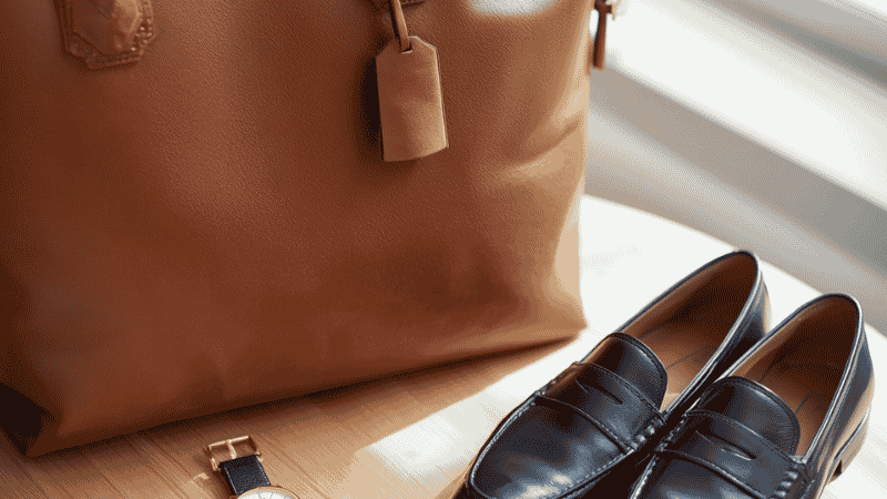 Close-up of professional accessories including a structured brown leather tote bag, a classic gold wristwatch, and polished black leather loafers.