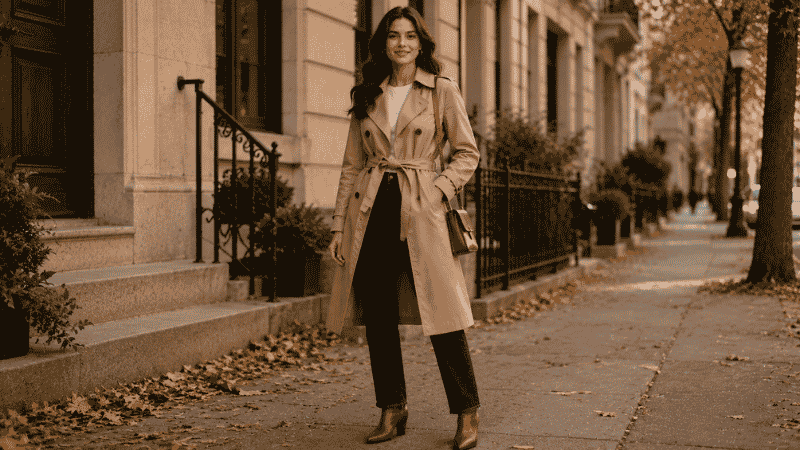 Woman in a camel trench coat outfit with dark jeans, white fitted top, and cognac ankle boots