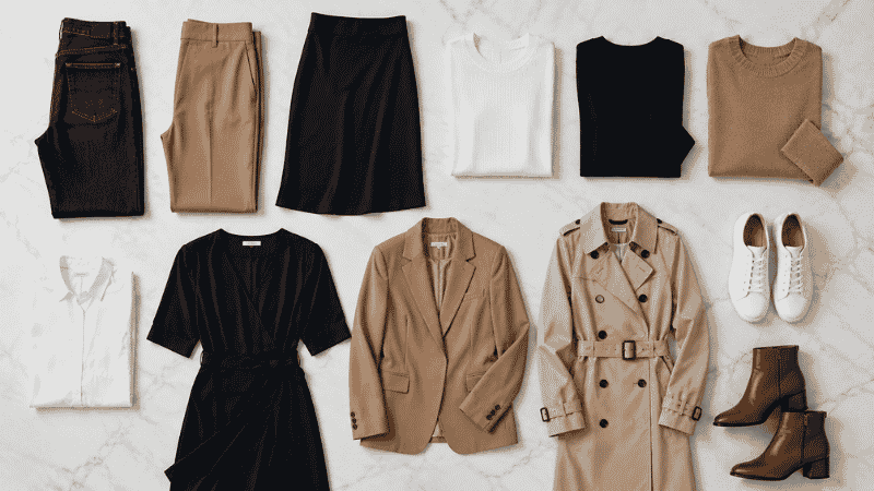Flat lay of a 12-piece women's capsule wardrobe in neutral tones showing the complete starter formula