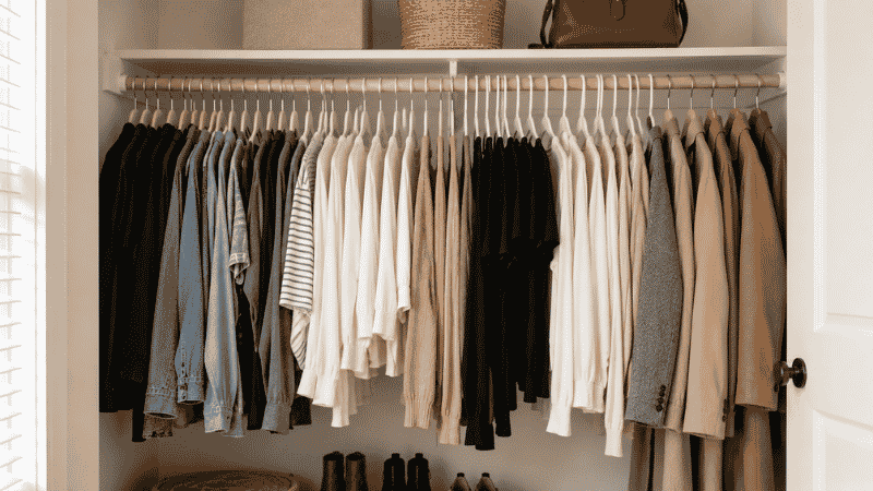 Organized closet showing the hanger method for wardrobe audit with hangers facing different directions to track what gets worn
