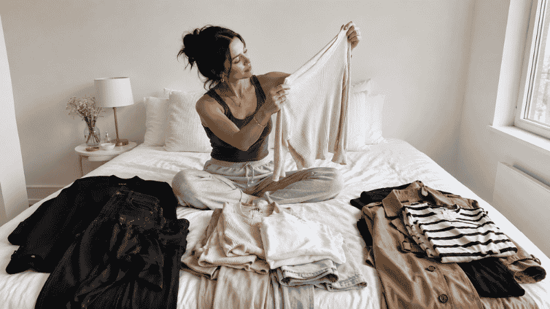 Woman sorting clothes into piles on a bed doing a wardrobe audit to identify capsule wardrobe pieces