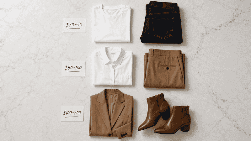 Flat lay showing capsule wardrobe pieces at different budget tiers from affordable to investment with price range labels