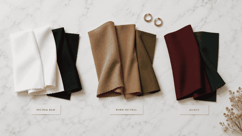 Flat lay showing a capsule wardrobe color palette with neutral base, warm neutral, and one accent color swatches