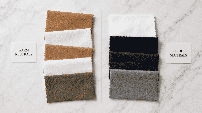 Flat lay showing two distinct capsule wardrobe color palettes — warm neutrals on the left and cool neutrals on the right