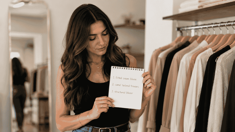Woman holding a specific shopping list with three capsule wardrobe gap items written clearly showing intentional targeted shopping