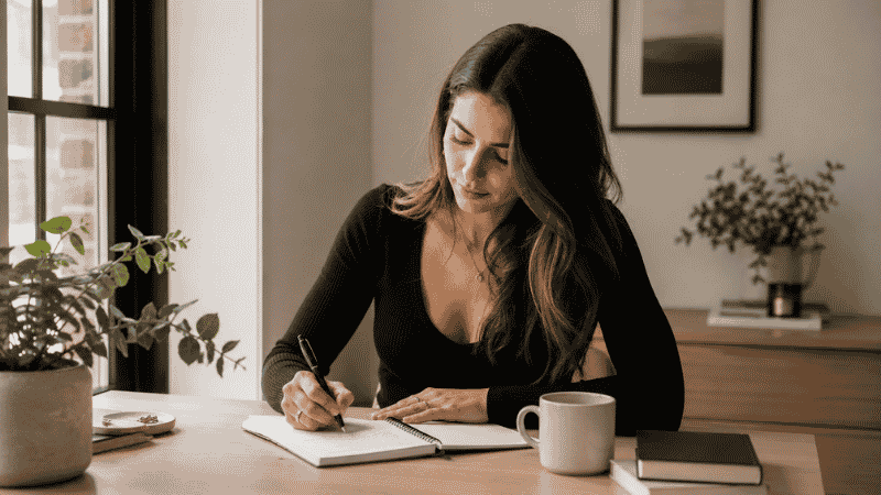 Woman writing lifestyle audit notes in a notebook planning her capsule wardrobe based on how she actually spends her time