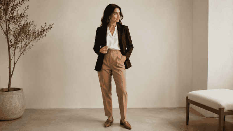 Woman wearing three different outfit combinations from the same capsule wardrobe pieces showing versatility