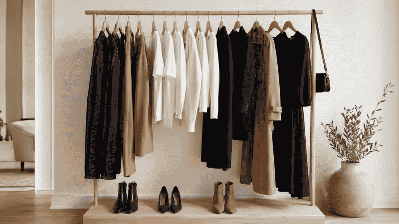 Neatly organized minimal capsule wardrobe hanging on a clothing rack showing neutral toned versatile pieces