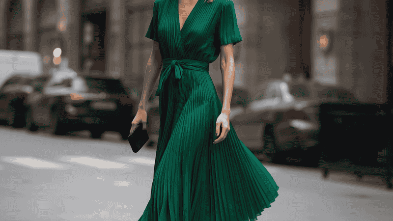 A chic woman walking in a city setting, wearing a pleated emerald green midi dress with a cinched waist and tan pointed-toe mules, demonstrating ideal midi dress proportions