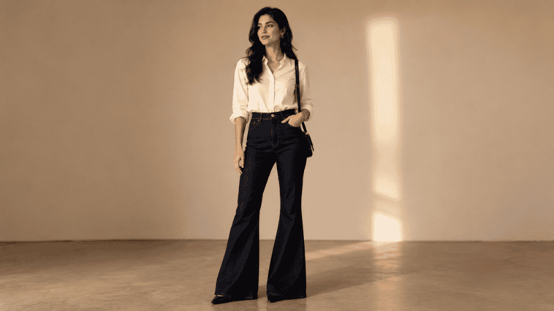 Tall woman in dramatic flare jeans with the hem just grazing the floor showing the editorial elegance of flare on a tall frame