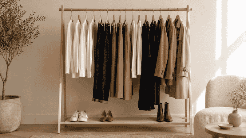 Minimal organized capsule wardrobe on a clean clothing rack showing a cohesive neutral color palette of carefully chosen pieces