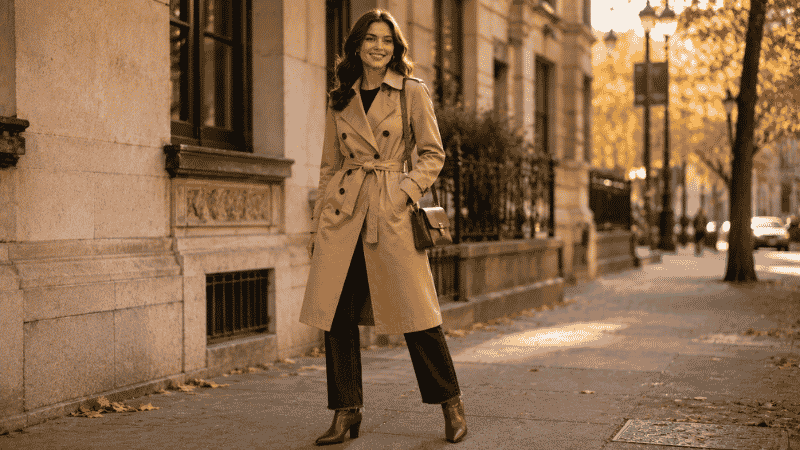 Woman in a camel trench coat belted at the waist with a front knot over dark jeans and ankle boots looking polished