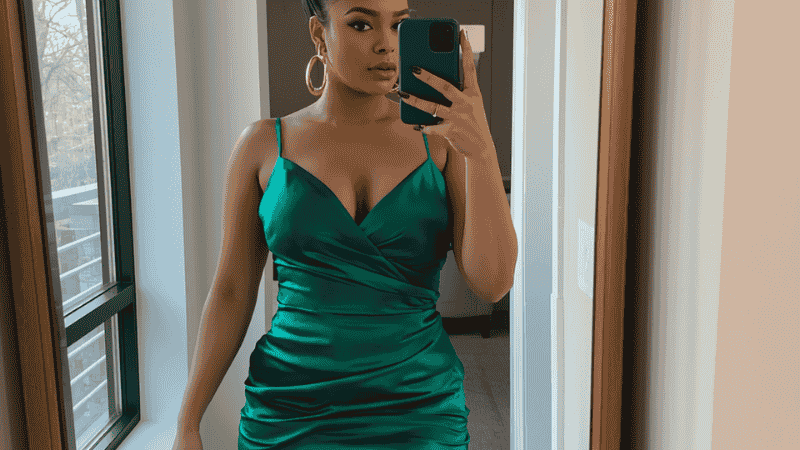 A stylish mirror selfie featuring an emerald green Lulus satin homecoming dress styled with chunky gold hoop earrings and a sleek bun, showing a modern Hoco outfit.