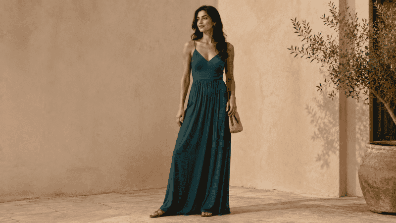 Tall woman in a floor-length maxi dress showing how the length falls elegantly at ankle height on a tall frame