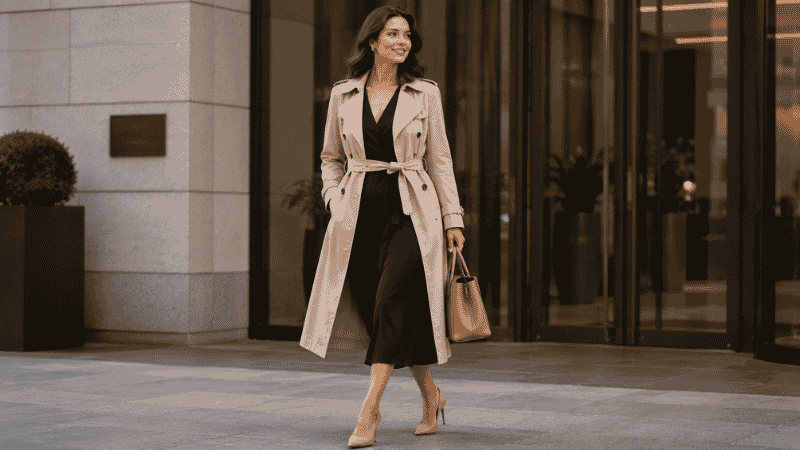 Professional woman in a beige trench coat over a navy midi dress and pointed-toe heels for a work outfit