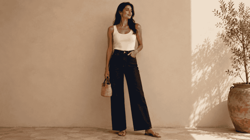 Tall woman in wide-leg dark wash jeans with flat sandals and a fitted top showing how height makes this silhouette work