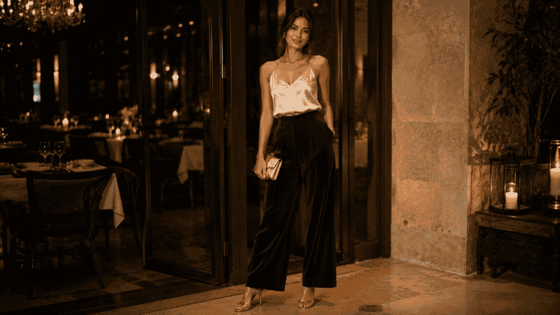 Woman in a chic evening outfit with deep green wide-leg velvet trousers, a satin camisole tucked in, and strappy heeled sandals