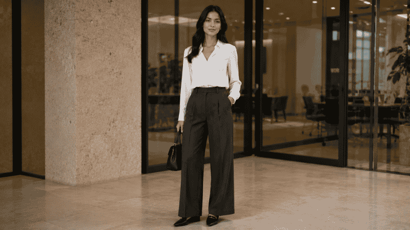 Professional woman in wide-leg tailored trousers with a silk blouse fully tucked and pointed-toe loafers for a polished work look