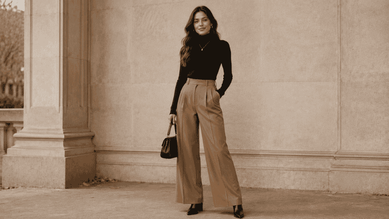 Woman in a fall winter outfit with camel wide-leg trousers and a fitted black turtleneck tucked in with block heel boots