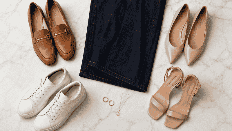 Flat lay showing four shoe options for wide leg pants including loafers, pointed-toe flats, white sneakers, and block heel sandals