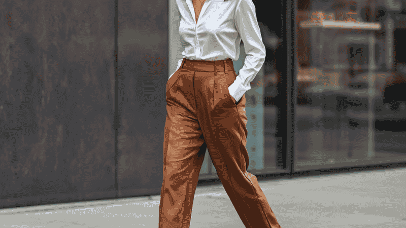 A professional woman wearing high-waisted tan wide-leg trousers, a tucked-in white silk blouse, and minimalist leather loafers walking in an urban setting.
