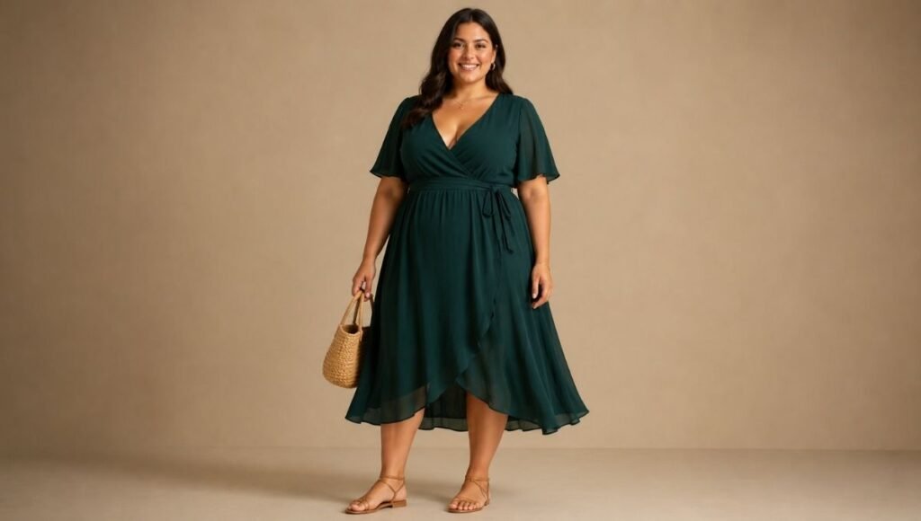 Woman with apple body shape in a flattering wrap dress with V-neckline showing how to dress an apple figure