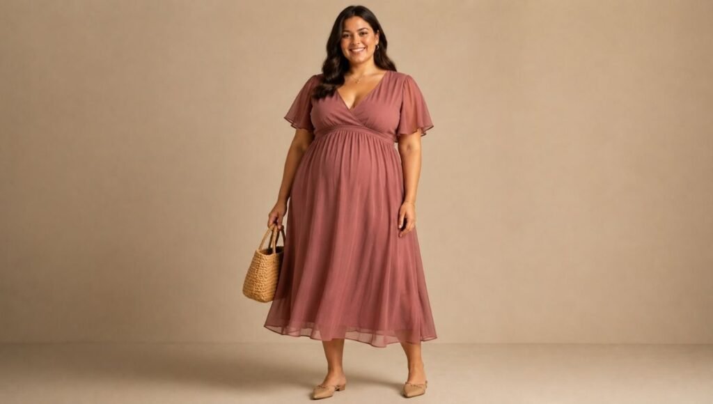 Woman with apple body shape in an empire waist dress that skims the midsection creating a flattering silhouette