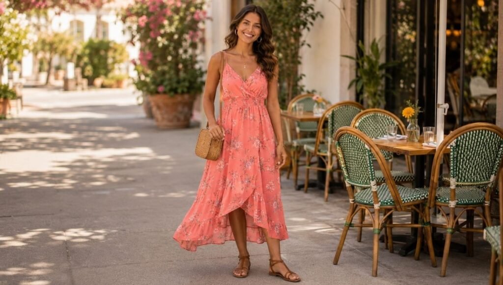 Woman in a bachelorette brunch outfit wearing a flowy colorful sundress with flat sandals and fun accessories