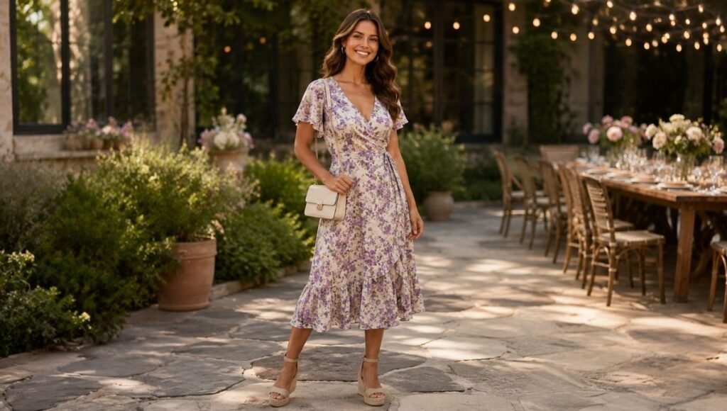 Woman in a perfect garden party bridal shower guest outfit wearing a floral midi dress with wedge sandals and a small clutch