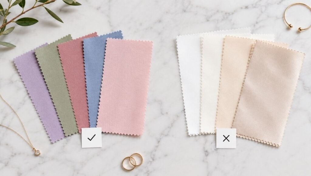 Flat lay showing appropriate bridal shower guest outfit colors including lavender sage green dusty rose and soft blue fabric swatches