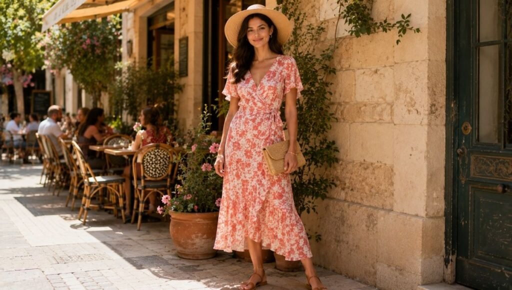 Woman in a perfect brunch outfit wearing a floral wrap midi dress with flat sandals and a straw bag in morning light