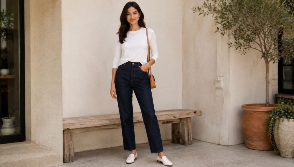 Woman in a casual everyday outfit with dark jeans and fitted white top with white leather loafers showing the casual formula