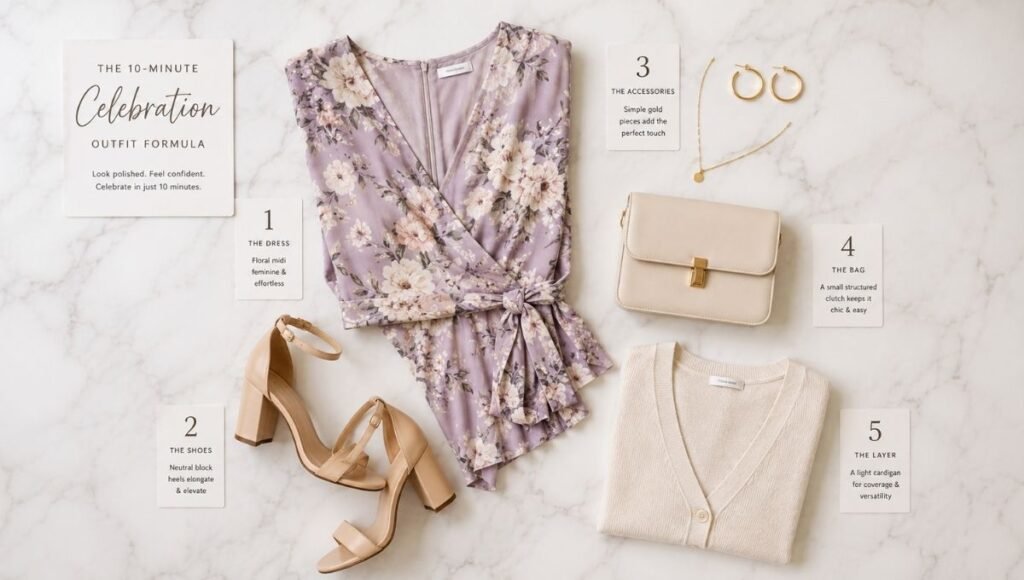 Flat lay of a 10-minute celebration outfit formula with a floral midi dress block heel sandals gold hoops and small clutch