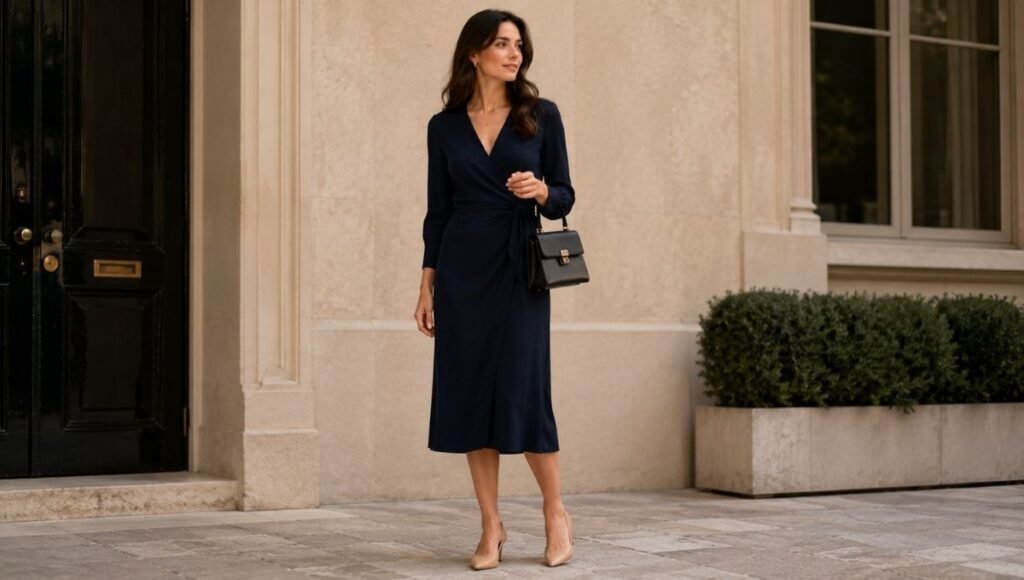 Woman in a timeless classic style outfit with a navy wrap midi dress and pointed-toe heels representing the classic aesthetic