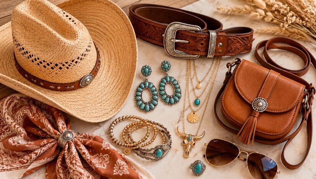 Flat lay of country concert accessories including a straw cowboy hat, western belt, small crossbody bag, and turquoise jewelry
