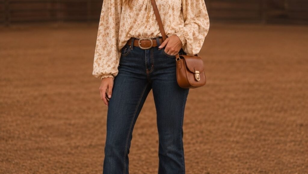 Woman in a polished country concert arena show outfit with dark bootcut jeans, a flowy western blouse, and cowboy boots
